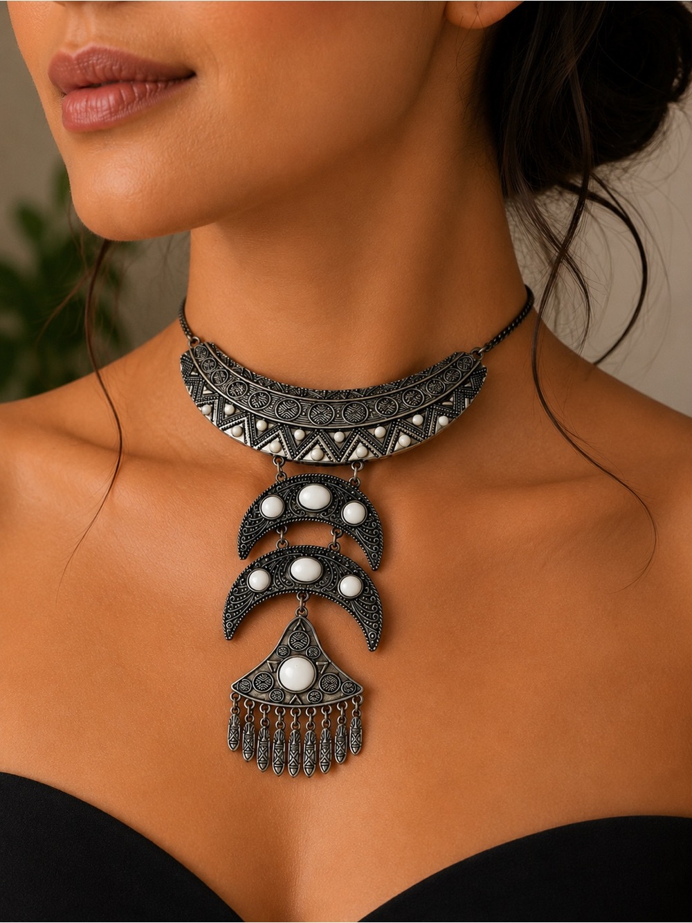 Boho Statement Necklace Tiered
Crescent Moon Tribal Ethnic Fringe
White Cabochon